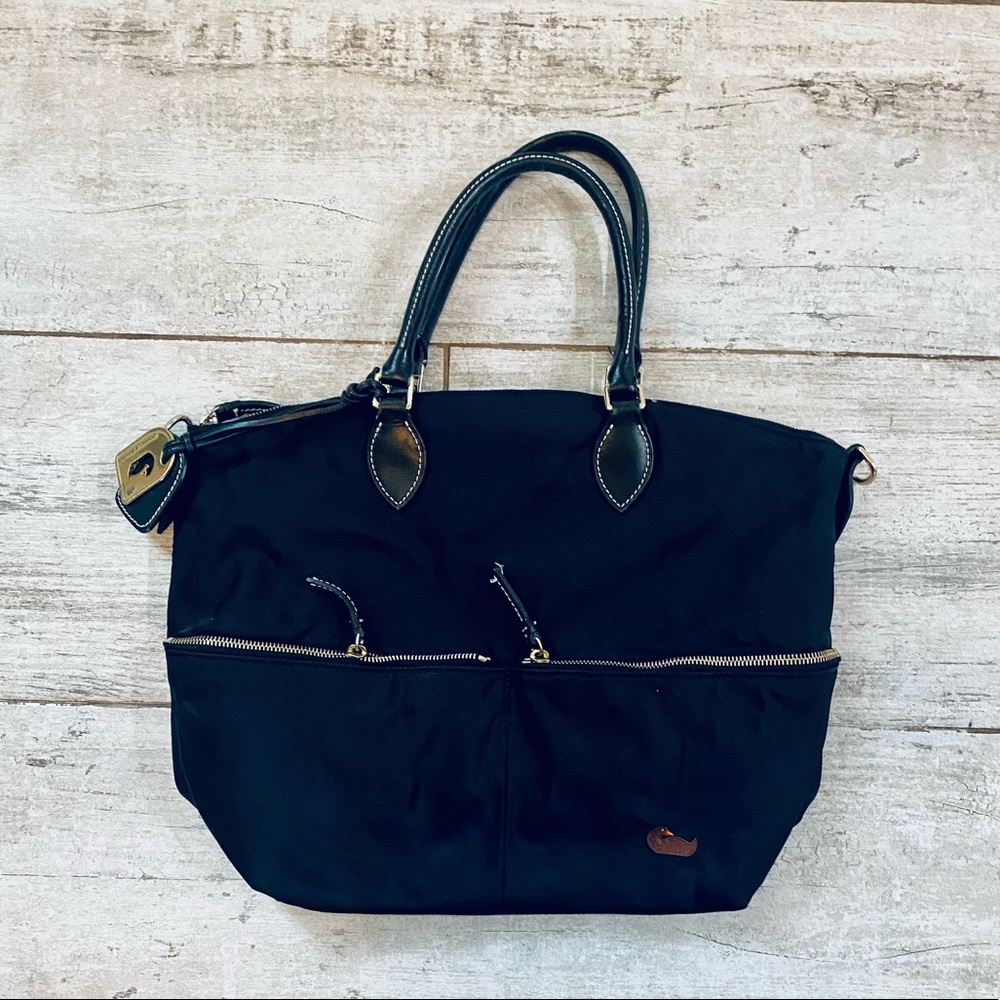 Dooney & Bourke BLACK nylon satchel with leather trim & PINK interior
